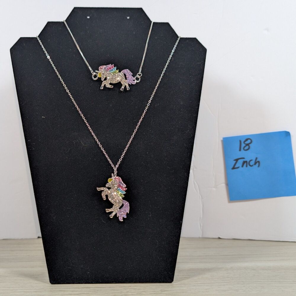 Unicorn Necklace Bracelet Set Rhinestone Rainbow Adjustable 18 Inch